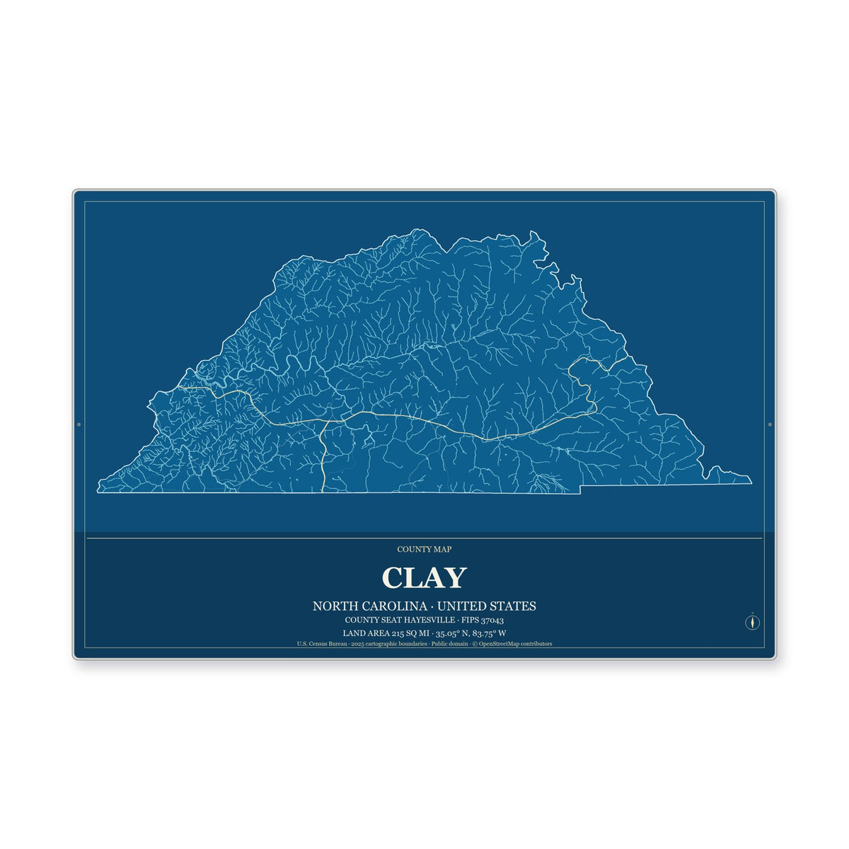 Clay County, North Carolina Map Aluminum Sign in Harbor Cobalt style