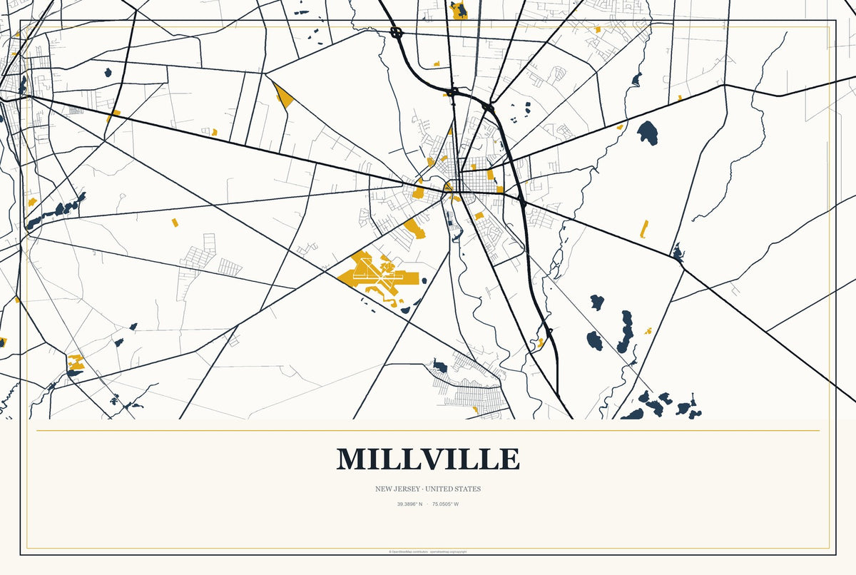 Millville, New Jersey City Map Aluminum Sign in Citrine Modern style