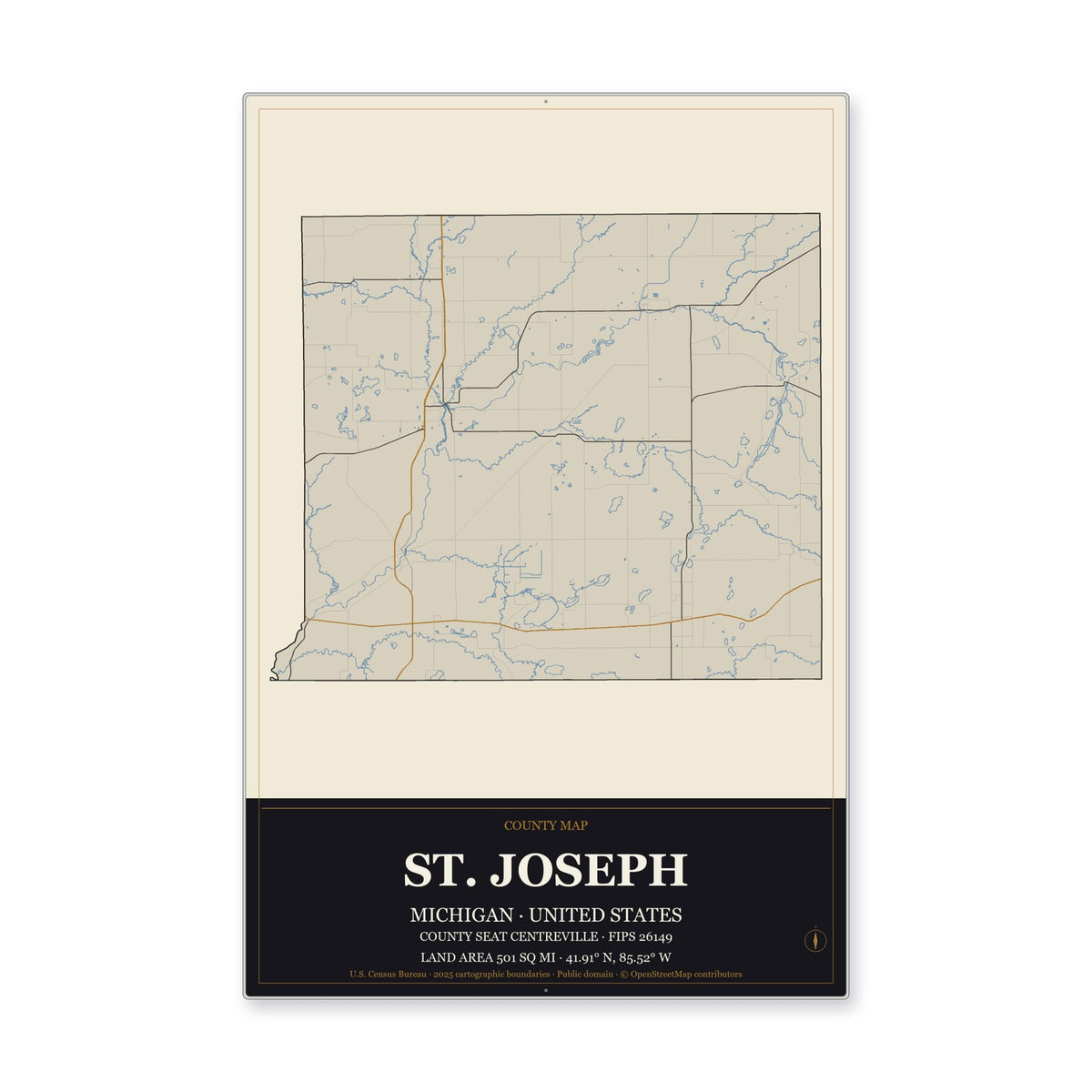St. Joseph County, Michigan Map Aluminum Sign in Museum Plaque style