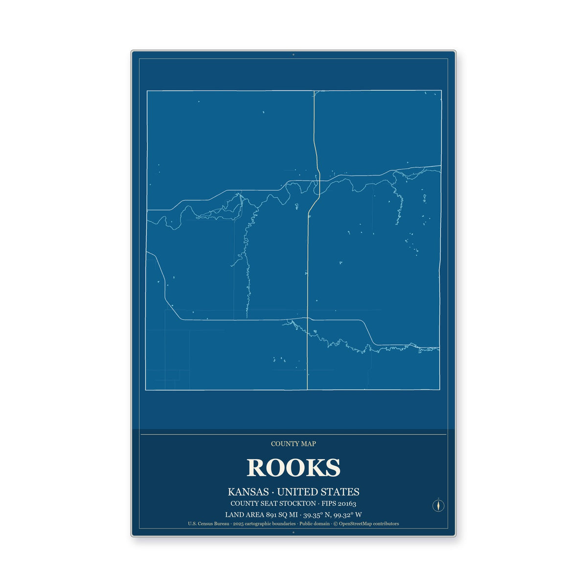 Rooks County, Kansas Map Aluminum Sign in Harbor Cobalt style