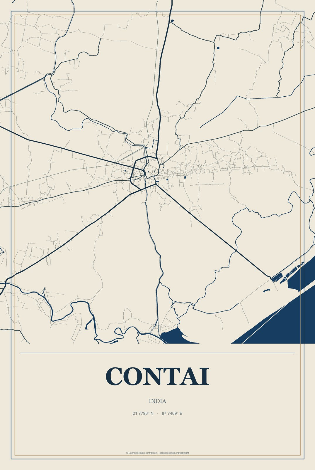 Contai, India City Map Aluminum Sign in Coastal Cutout style