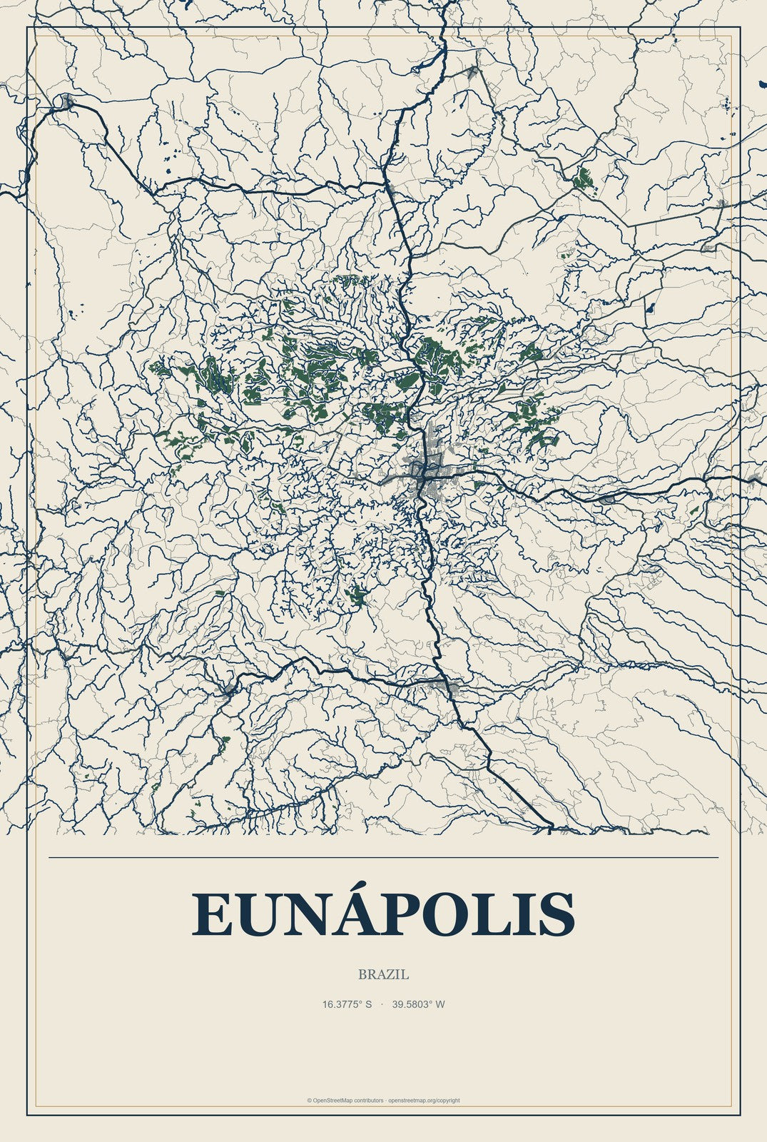 Eunápolis, Brazil City Map Aluminum Sign in Coastal Cutout style