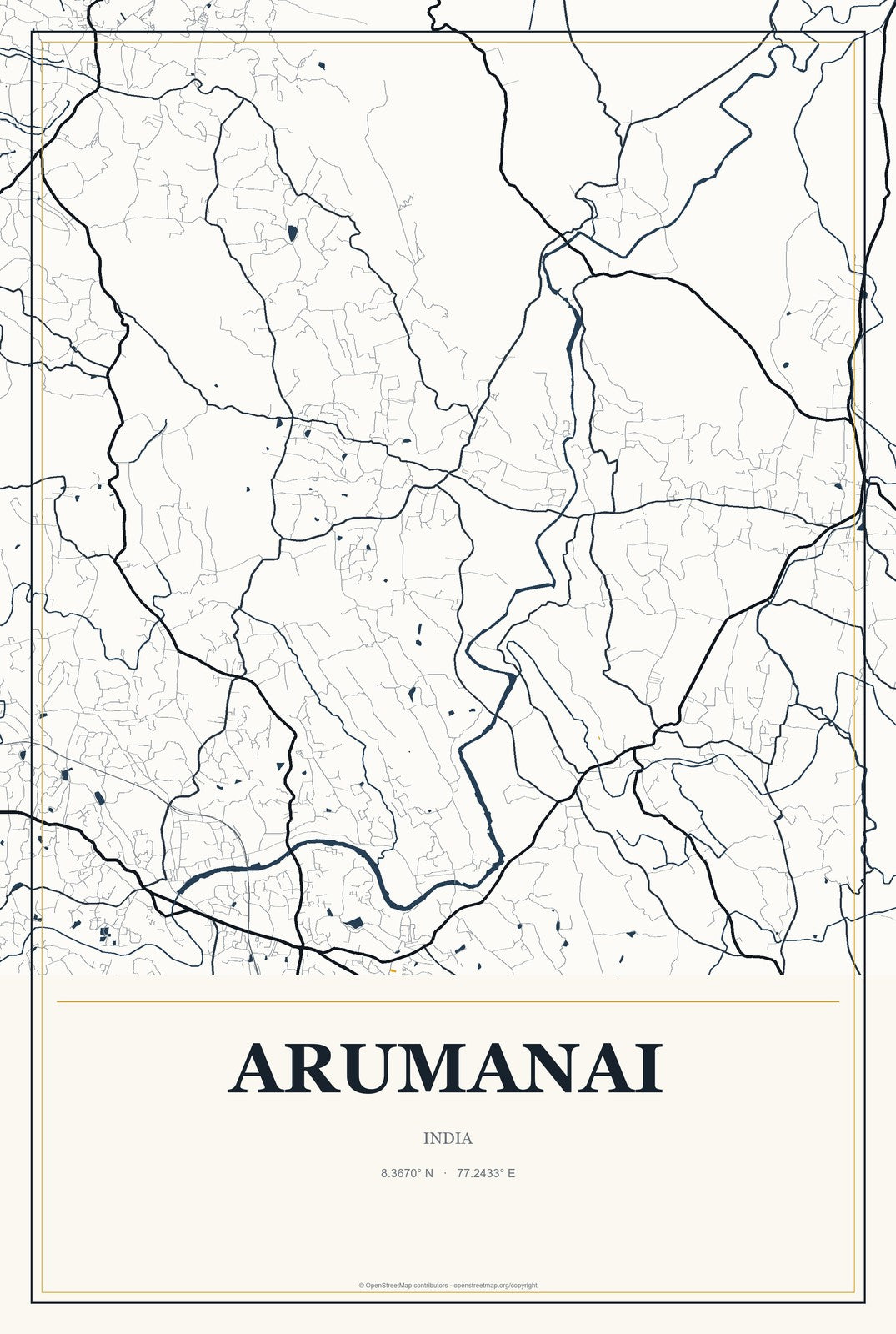 Arumanai, India City Map Aluminum Sign in Citrine Modern style