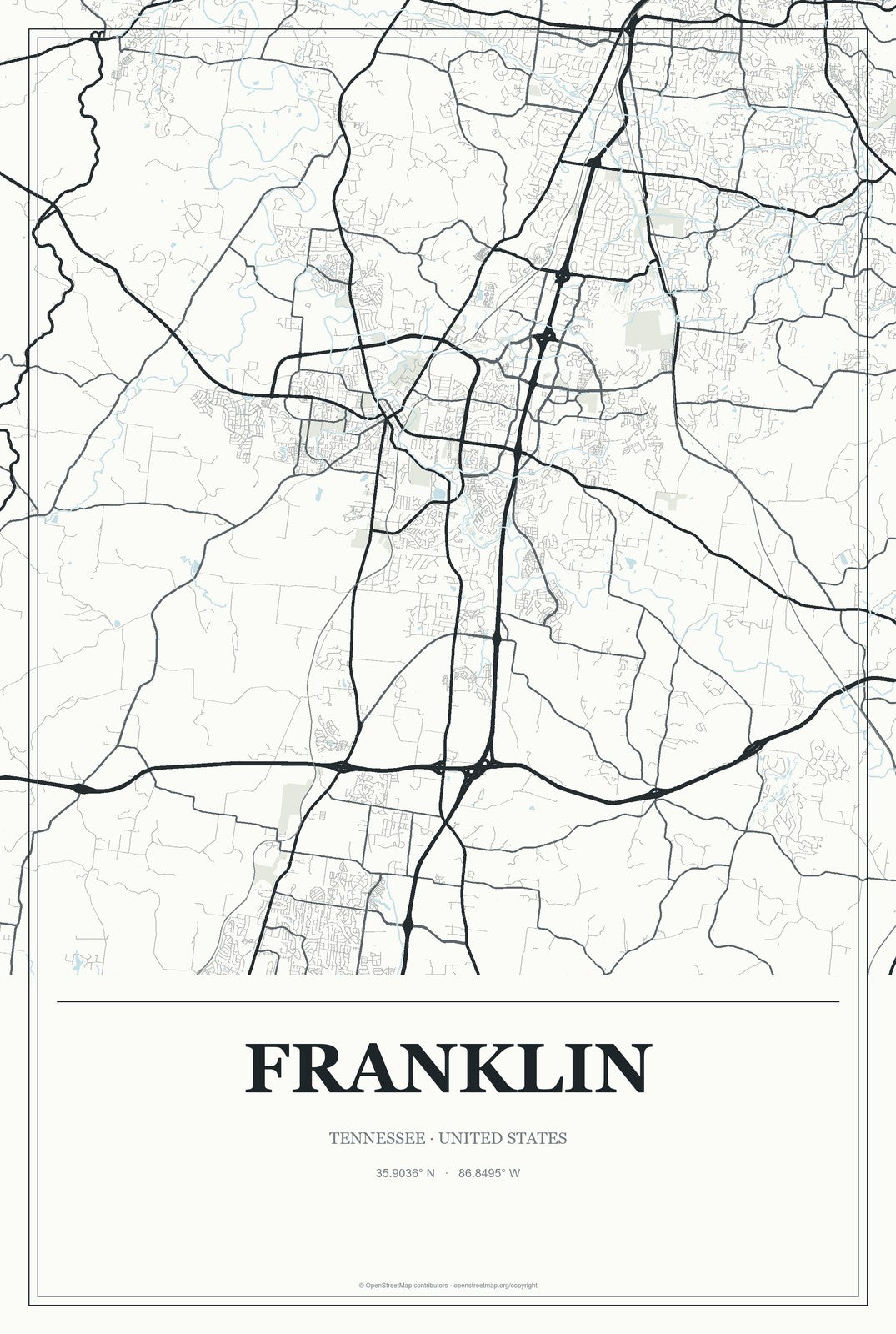 Franklin, Tennessee City Map Aluminum Sign in Gallery Air style