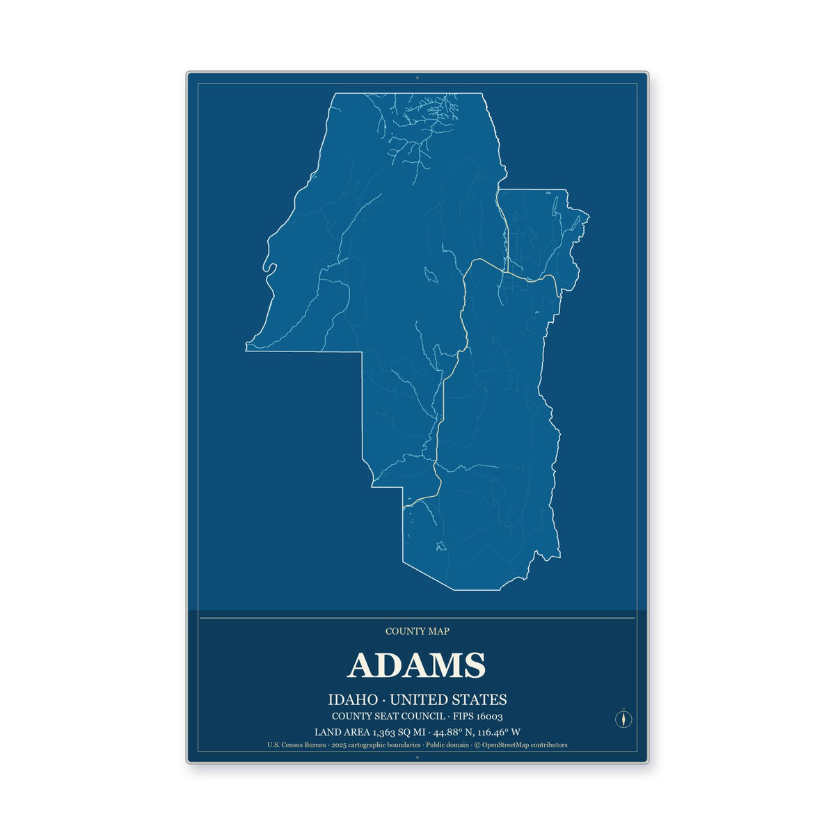 Adams County, Idaho Map Aluminum Sign in Harbor Cobalt style