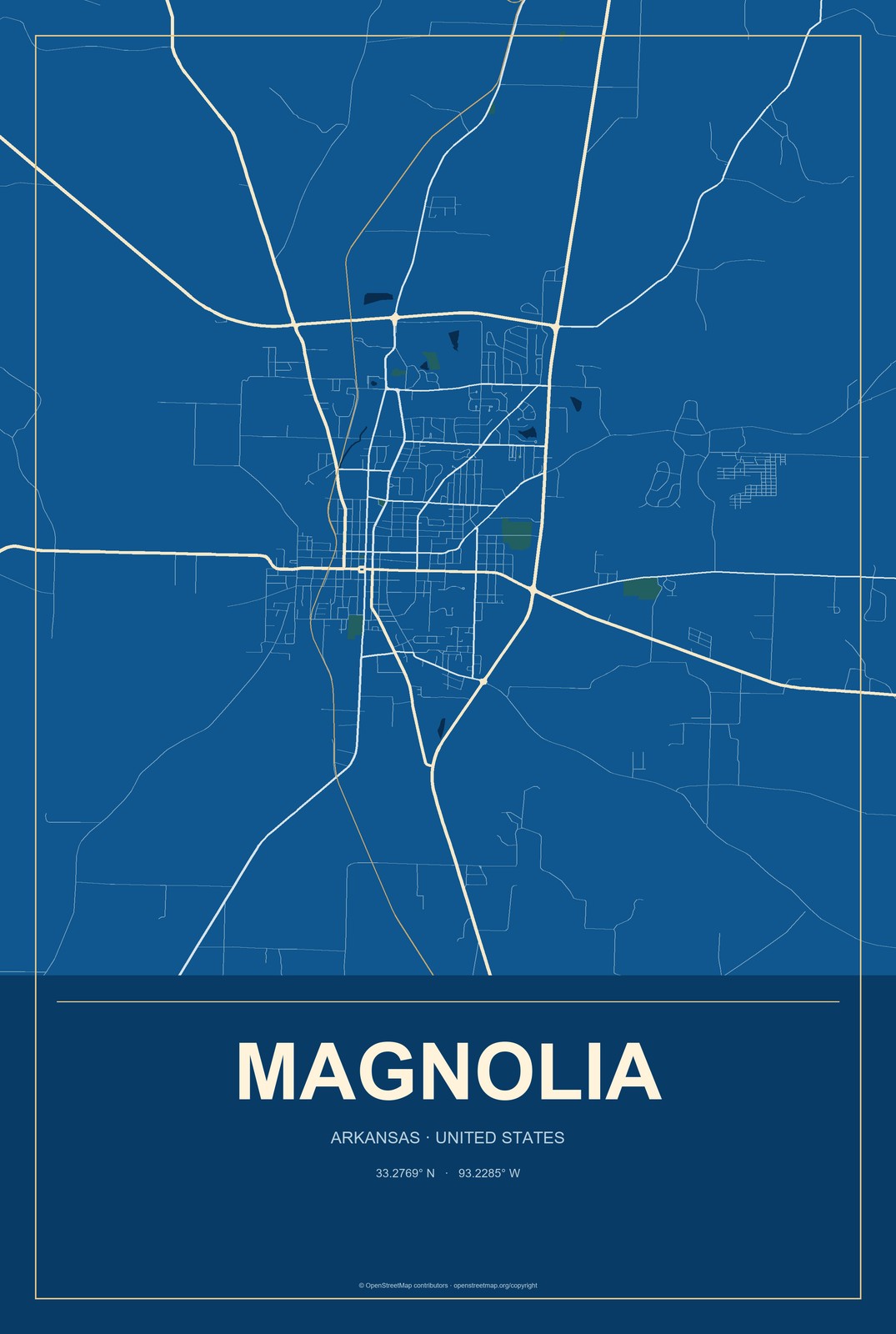 Magnolia, Arkansas City Map Aluminum Sign in Harbor Cobalt style
