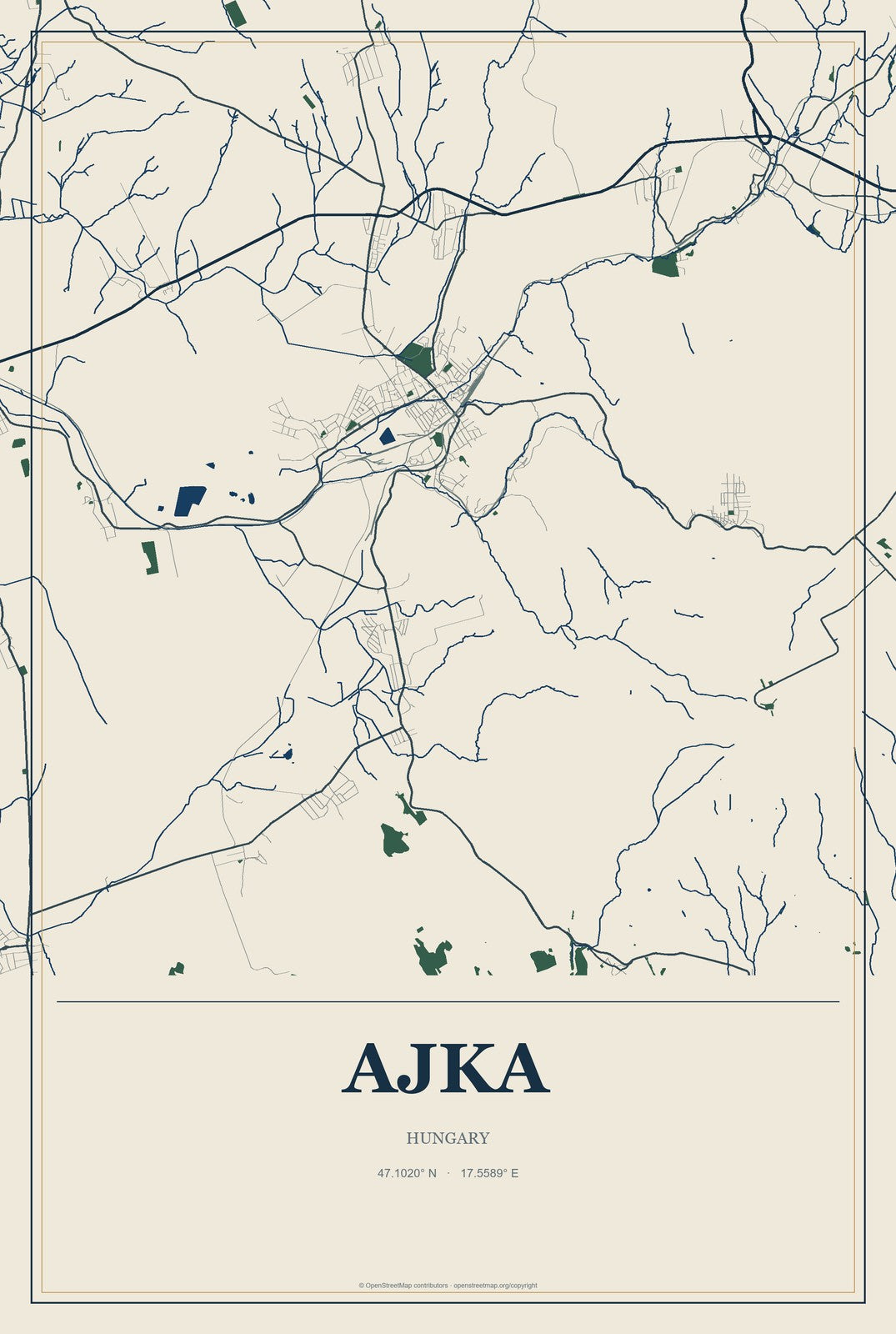 Ajka, Hungary City Map Aluminum Sign in Coastal Cutout style