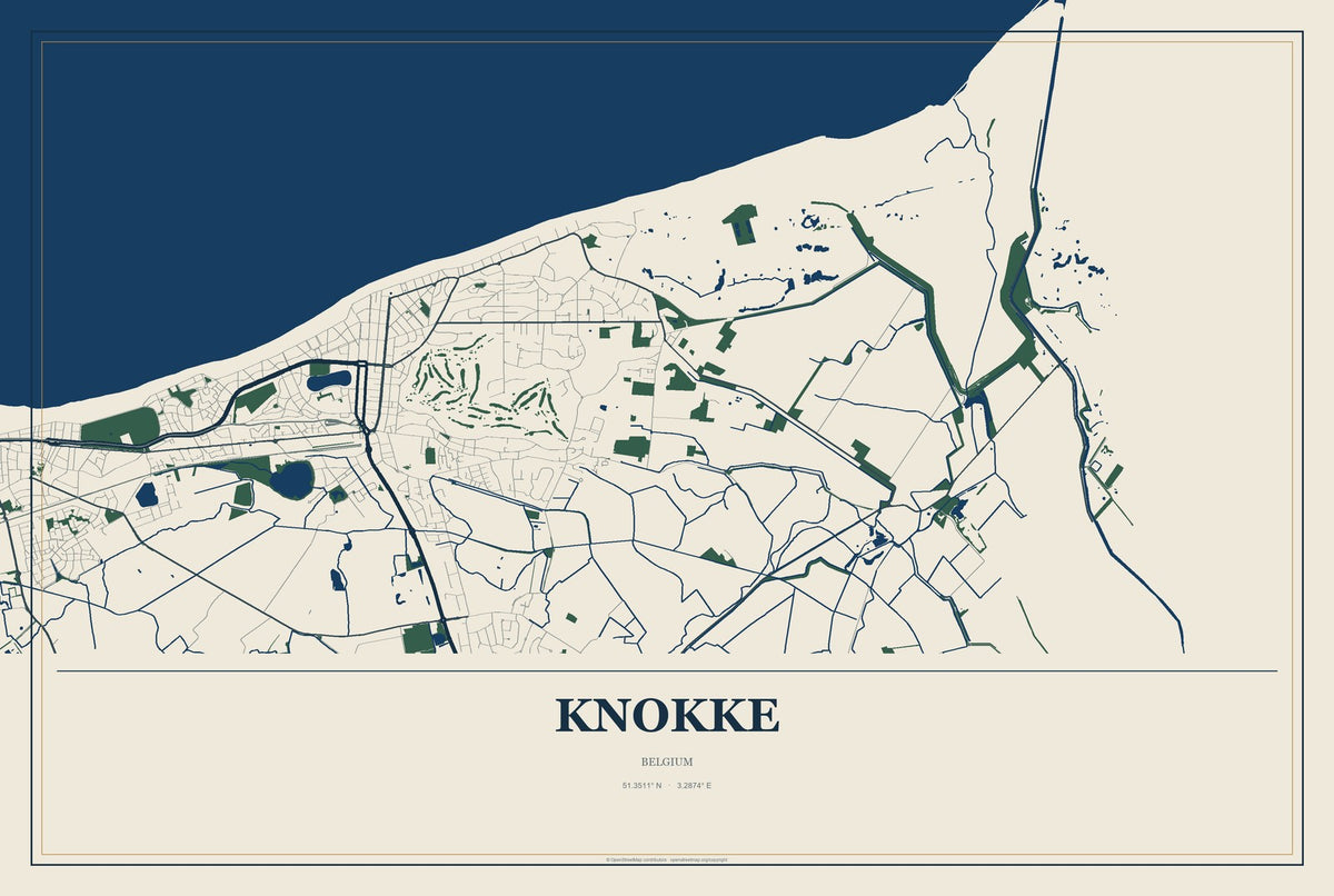 Knokke, Belgium City Map Aluminum Sign in Coastal Cutout style