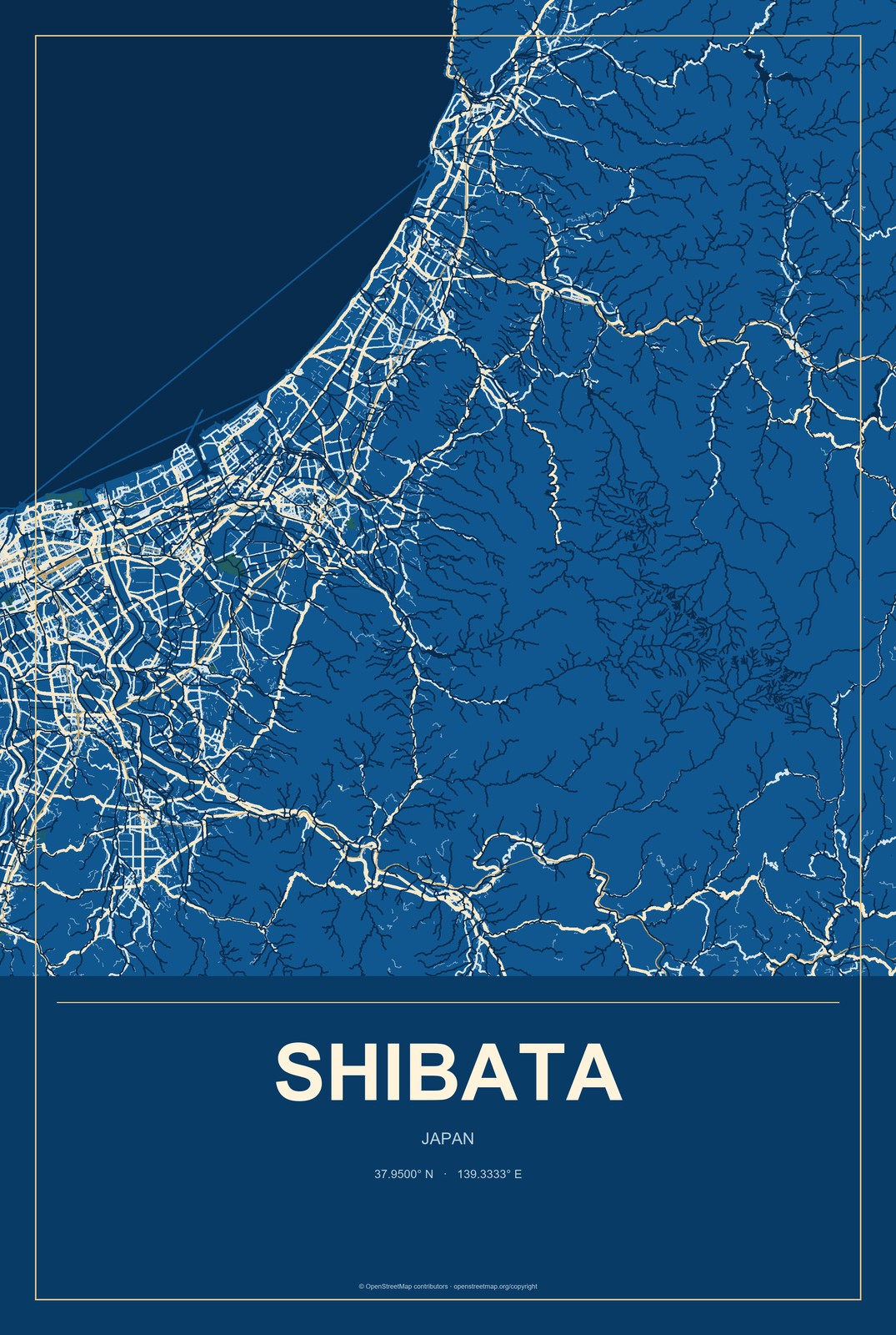Shibata, Japan City Map Aluminum Sign in Harbor Cobalt style