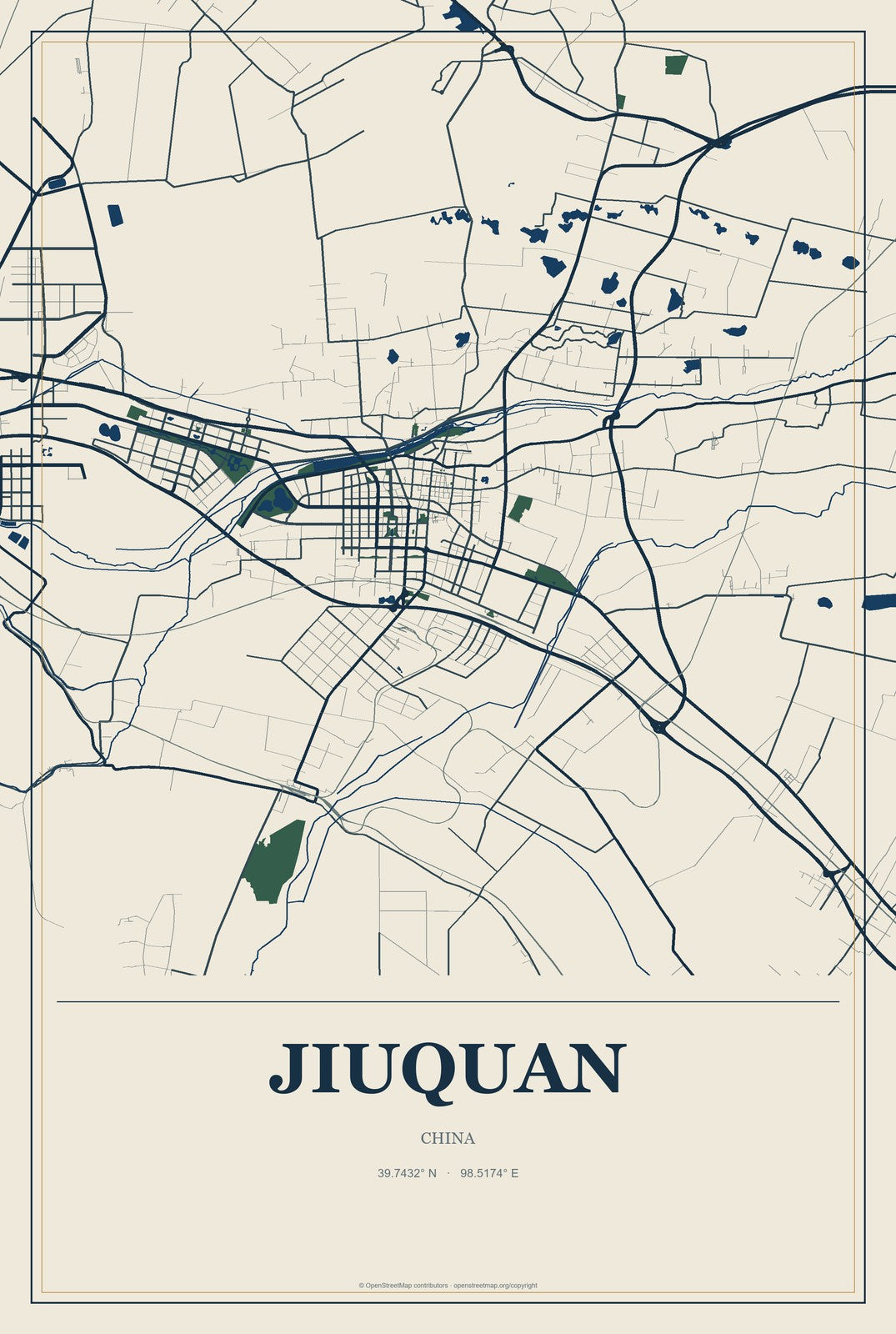 Jiuquan, China City Map Aluminum Sign in Coastal Cutout style