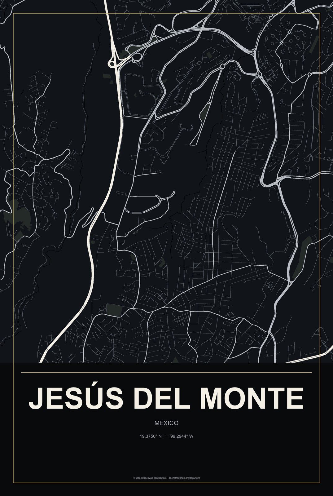 Jesús del Monte, Mexico City Map Aluminum Sign in Metropolitan Noir style