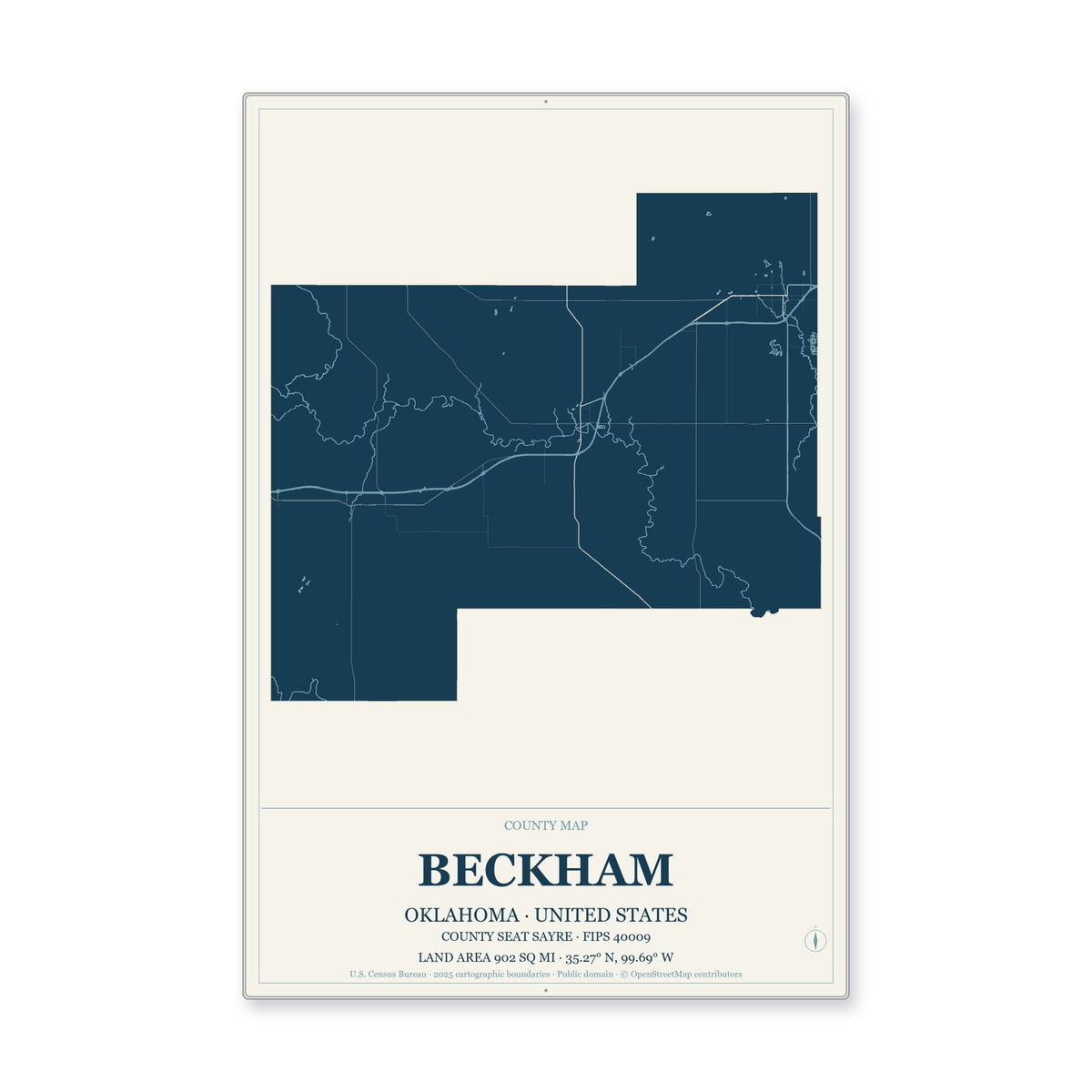 Beckham County, Oklahoma Map Aluminum Sign in Coastal Cutout style