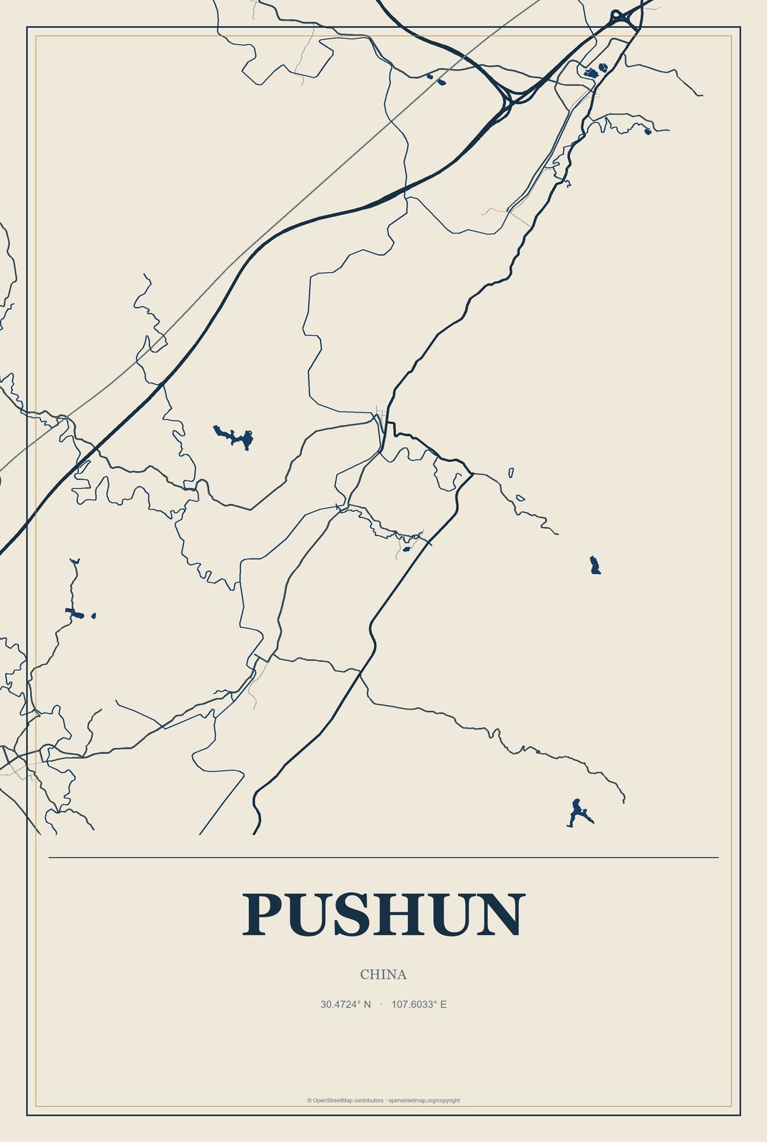 Pushun, China City Map Aluminum Sign in Coastal Cutout style