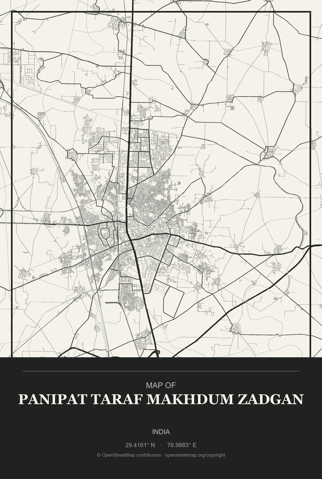 Panipat Taraf Makhdum Zadgan, India City Map Aluminum Sign in Museum Plaque style