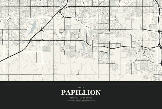 Papillion, Nebraska City Map Aluminum Sign in Museum Plaque style