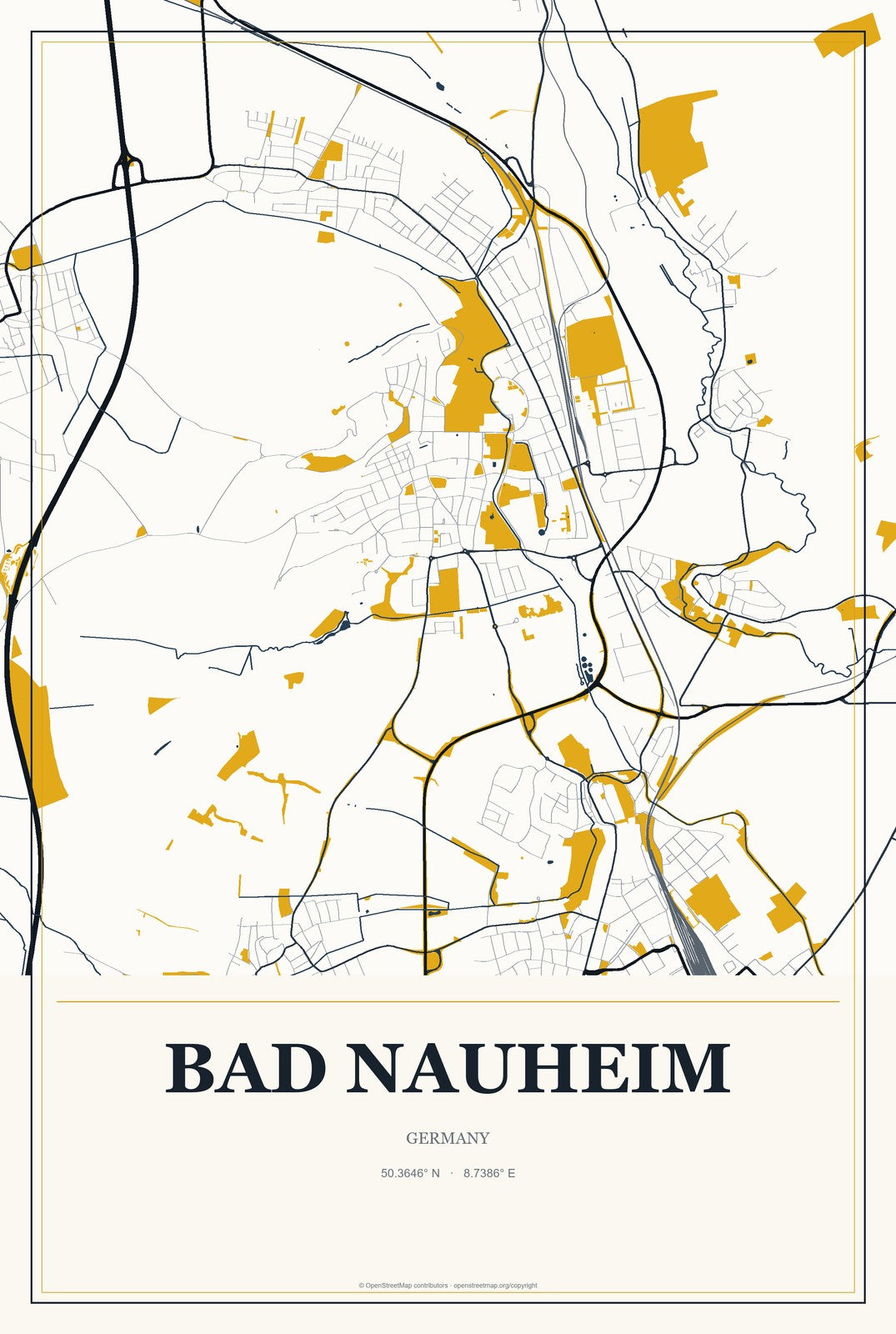 Bad Nauheim, Germany City Map Aluminum Sign in Citrine Modern style