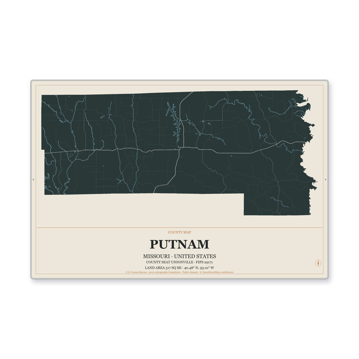 Putnam County, Missouri Map Aluminum Sign in Headline Atlas style