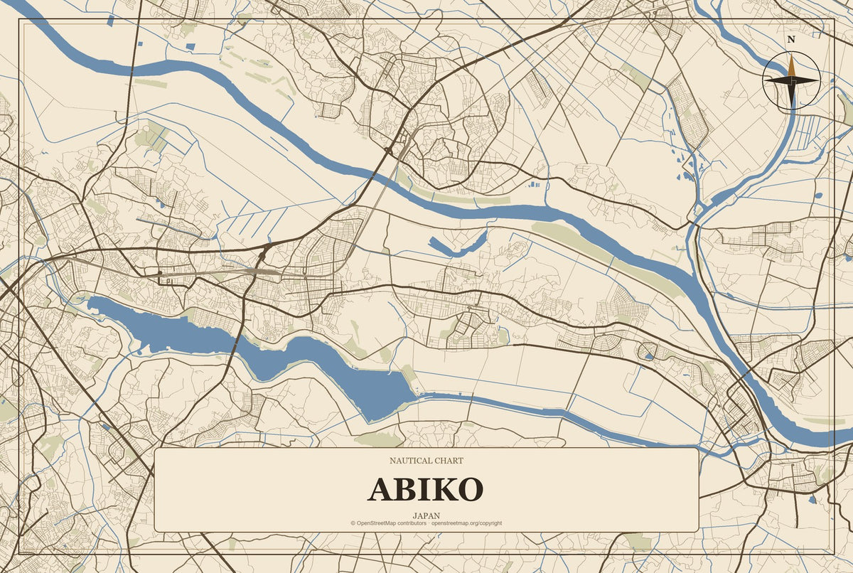 Abiko, Japan City Map Aluminum Sign in Heritage Nautical style