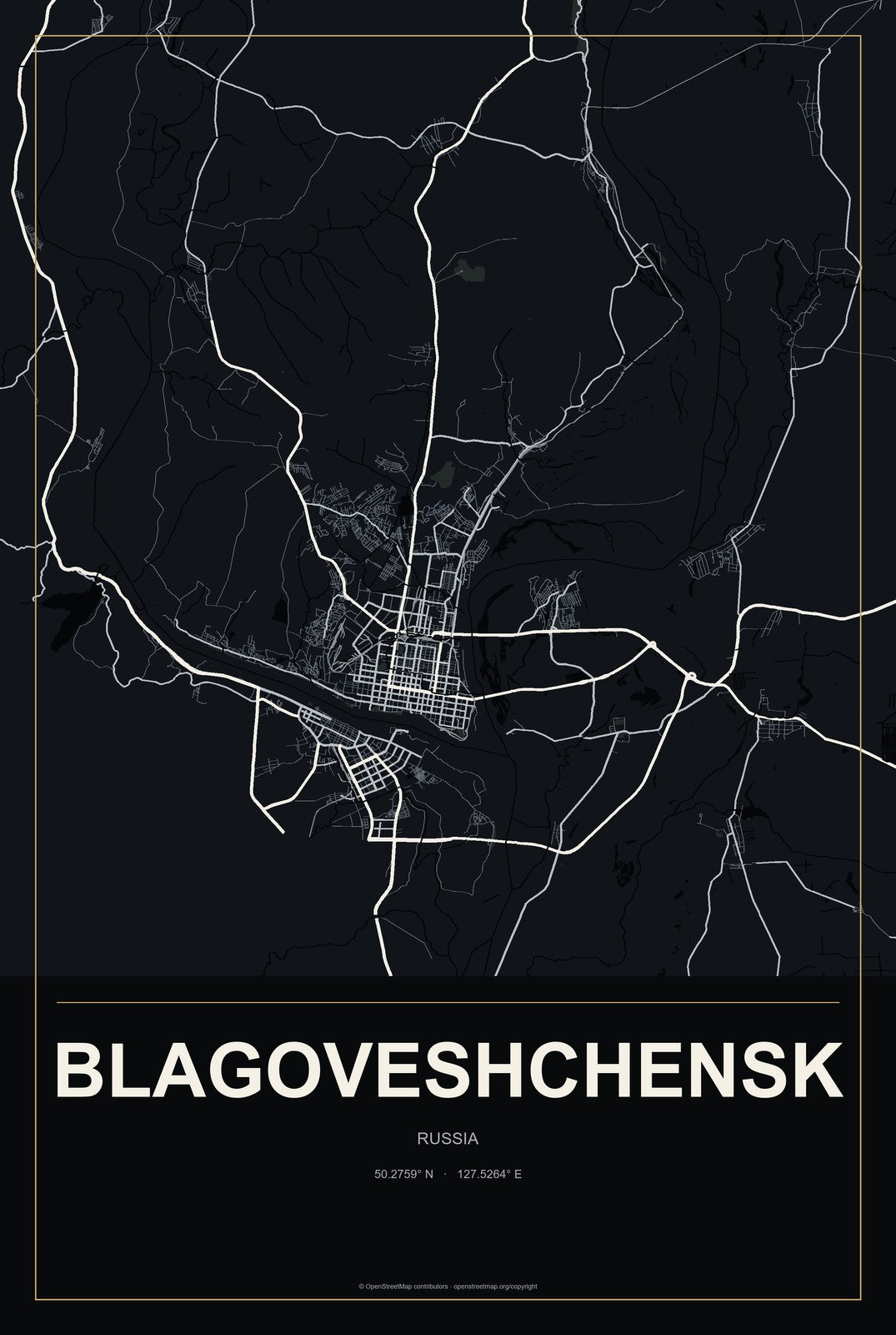 Blagoveshchensk, Amur Oblast, Russia City Map Aluminum Sign in Metropolitan Noir style