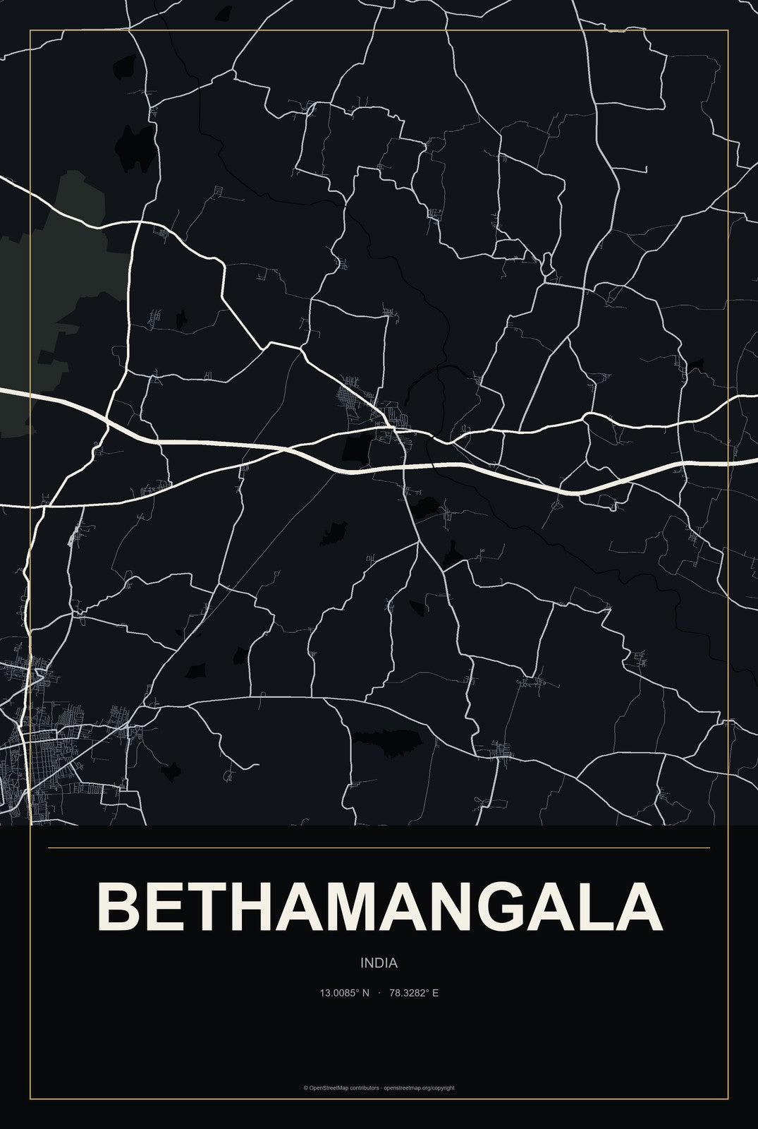 Bethamangala, India City Map Aluminum Sign in Metropolitan Noir style