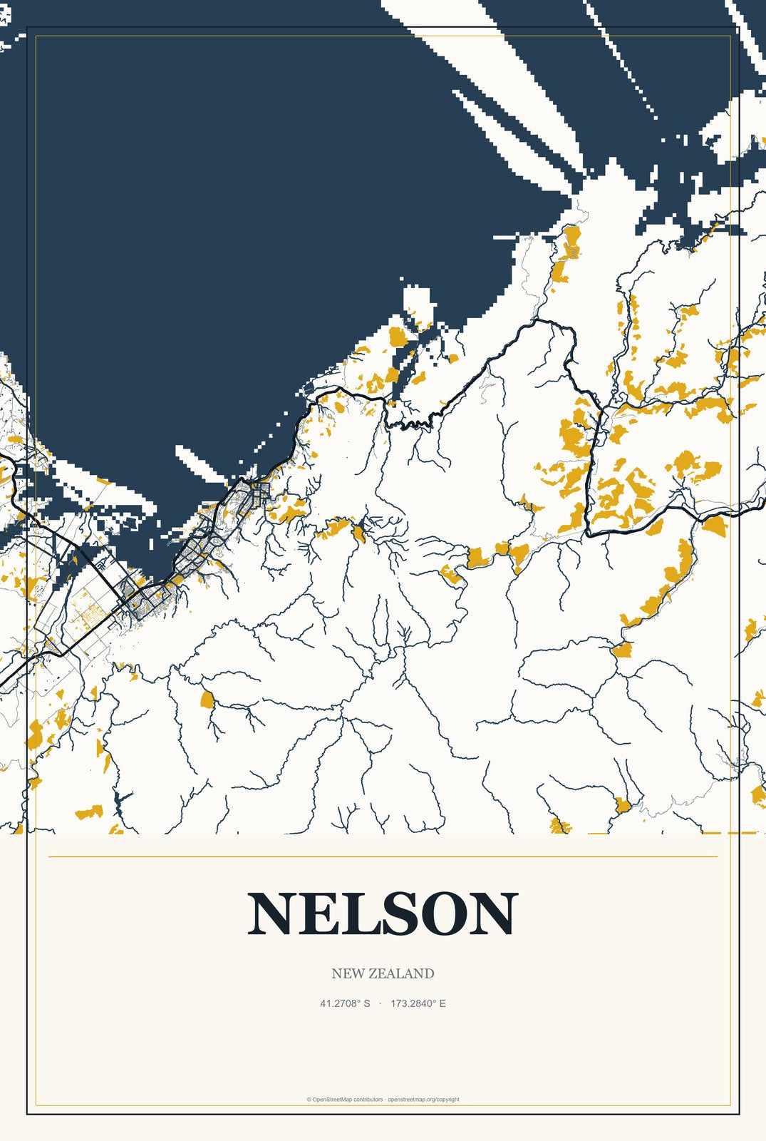 Nelson, New Zealand City Map Aluminum Sign in Citrine Modern style