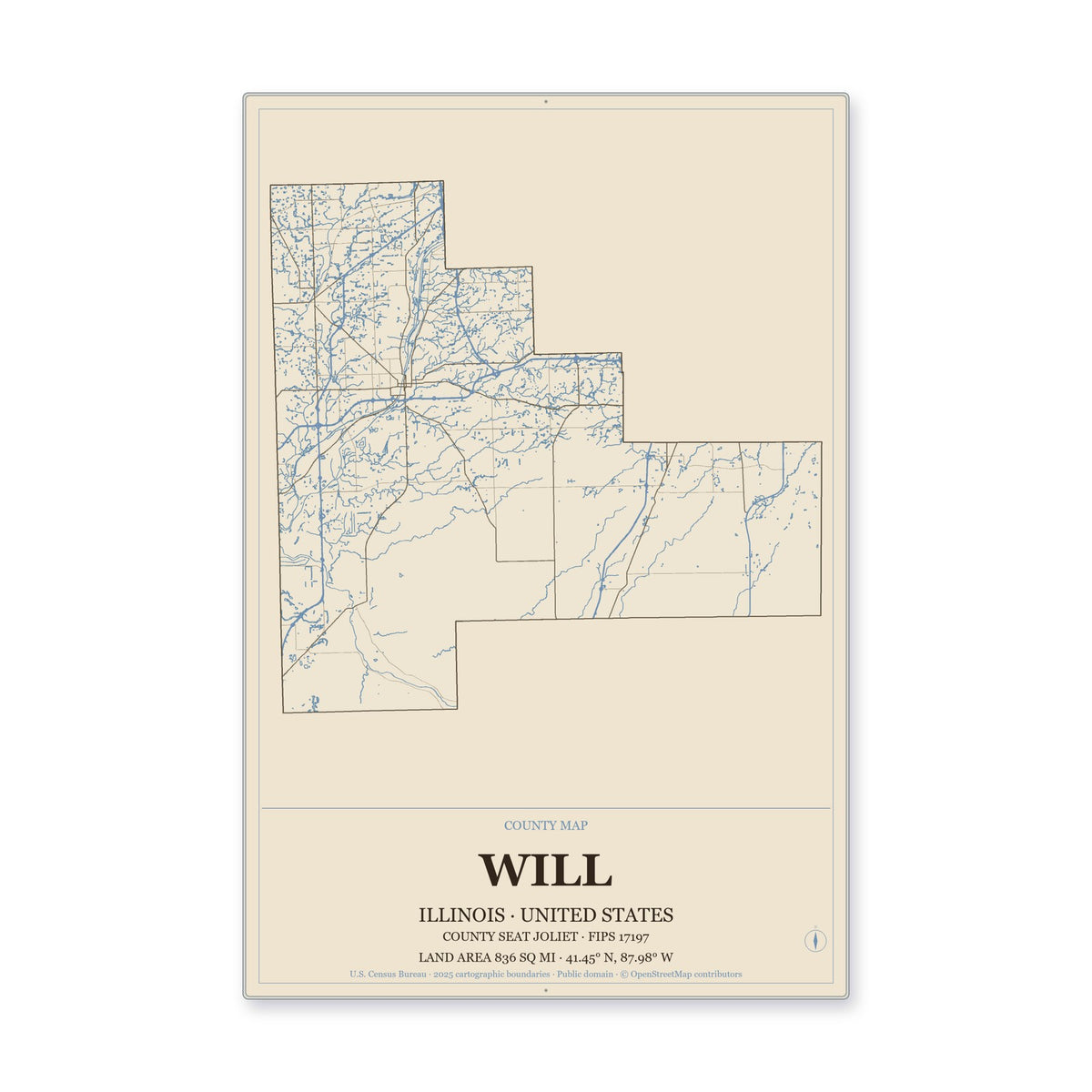 Will County, Illinois Map Aluminum Sign in Heritage Nautical style