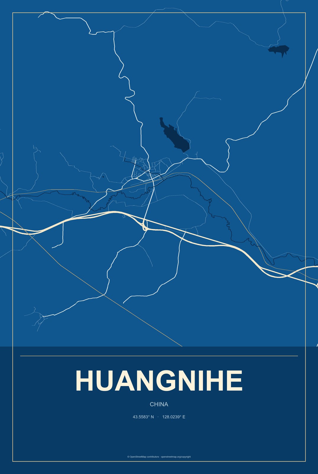 Huangnihe, China City Map Aluminum Sign in Harbor Cobalt style