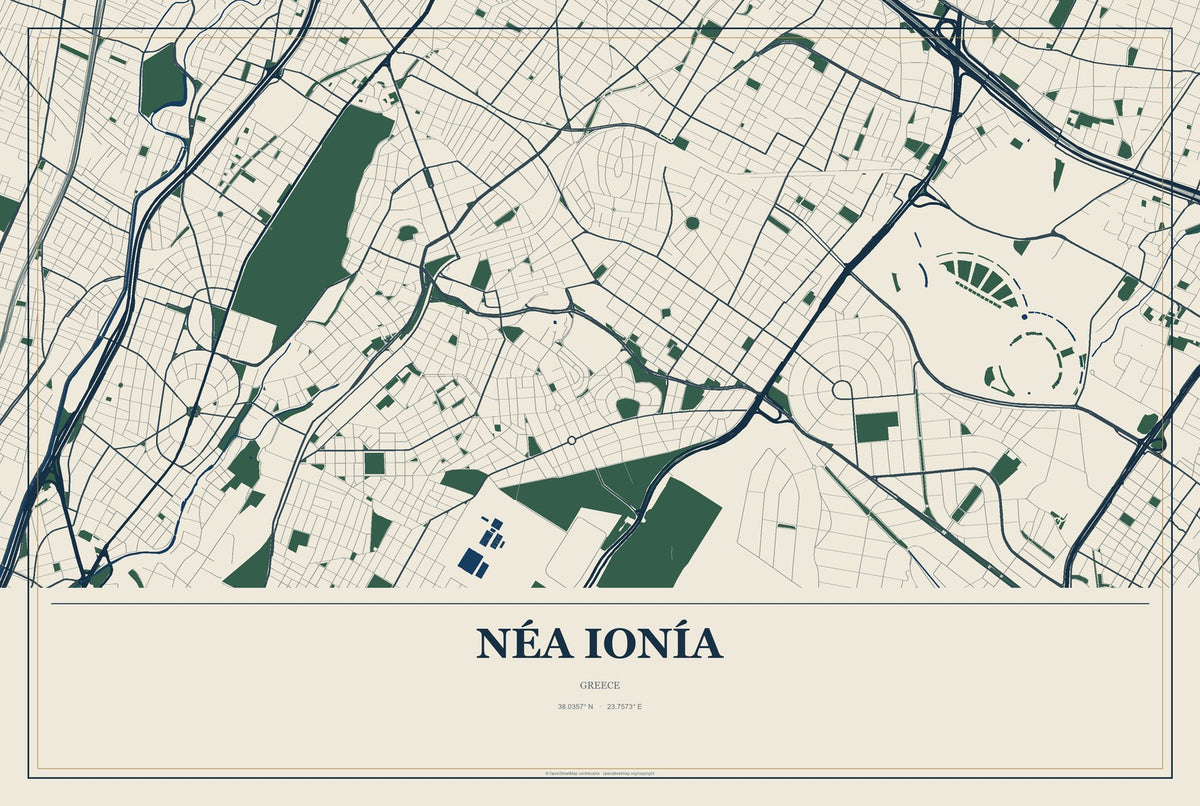 Néa Ionía, Attica, Greece City Map Aluminum Sign in Coastal Cutout style