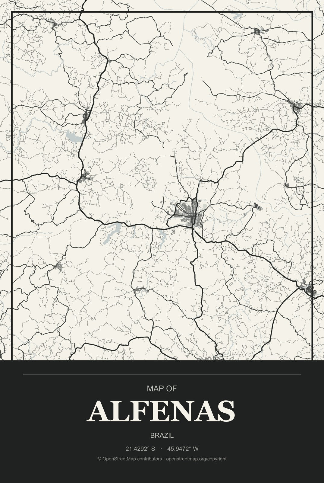 Alfenas, Brazil City Map Aluminum Sign in Museum Plaque style