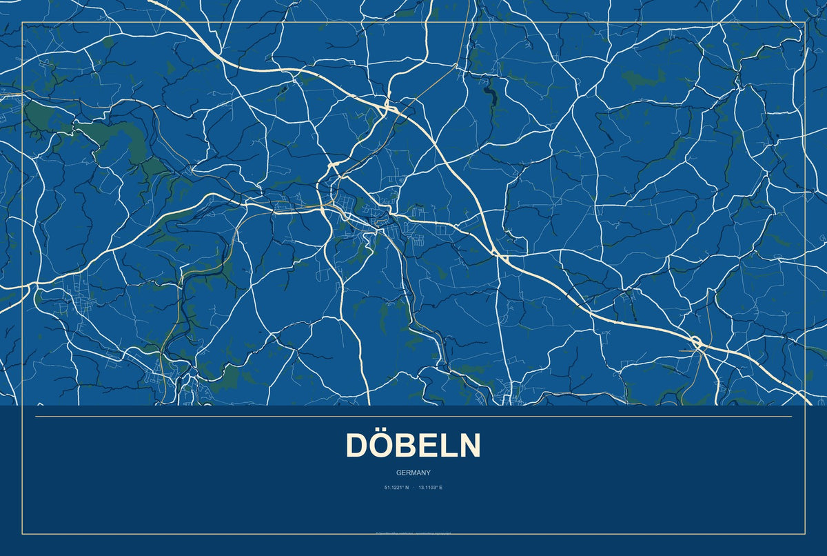Döbeln, Germany City Map Aluminum Sign in Harbor Cobalt style