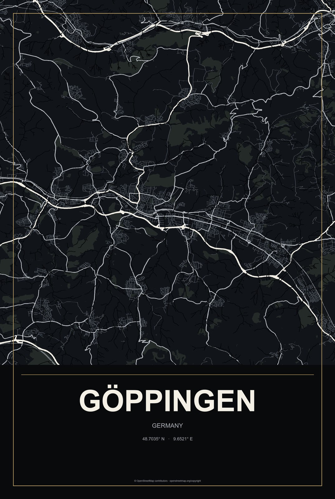 Göppingen, Germany City Map Aluminum Sign in Metropolitan Noir style