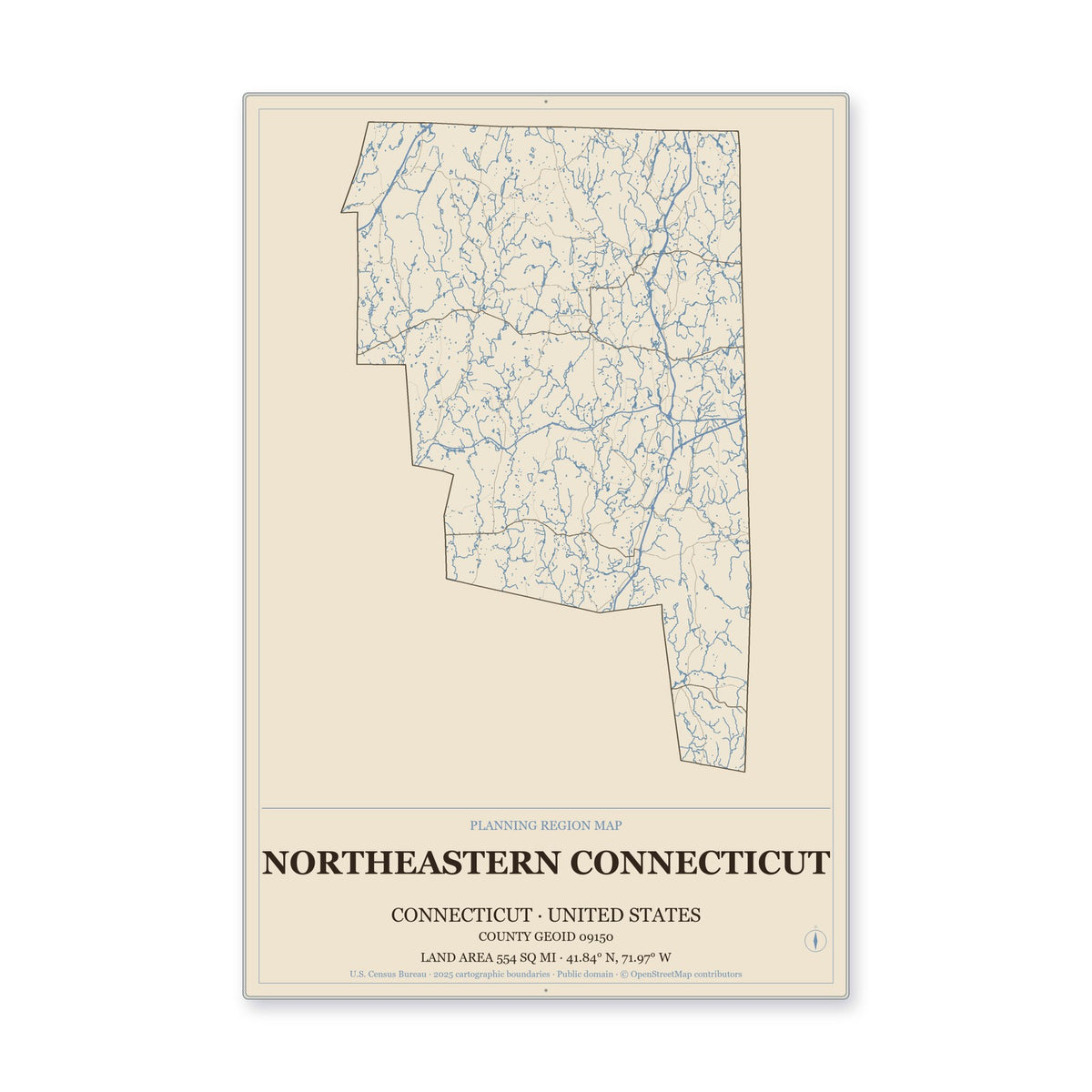 Northeastern Connecticut Planning Region, Connecticut Map Aluminum Sign in Heritage Nautical style