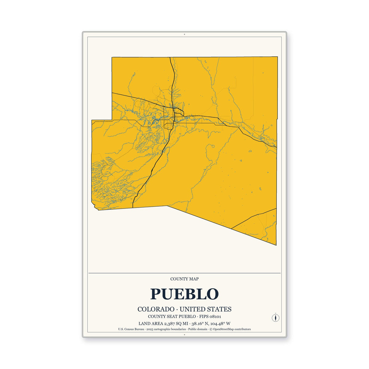 Pueblo County, Colorado Map Aluminum Sign in Citrine Modern style