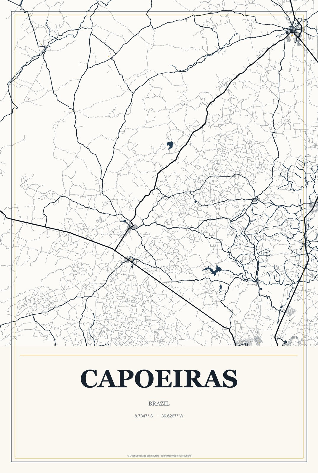Capoeiras, Brazil City Map Aluminum Sign in Citrine Modern style