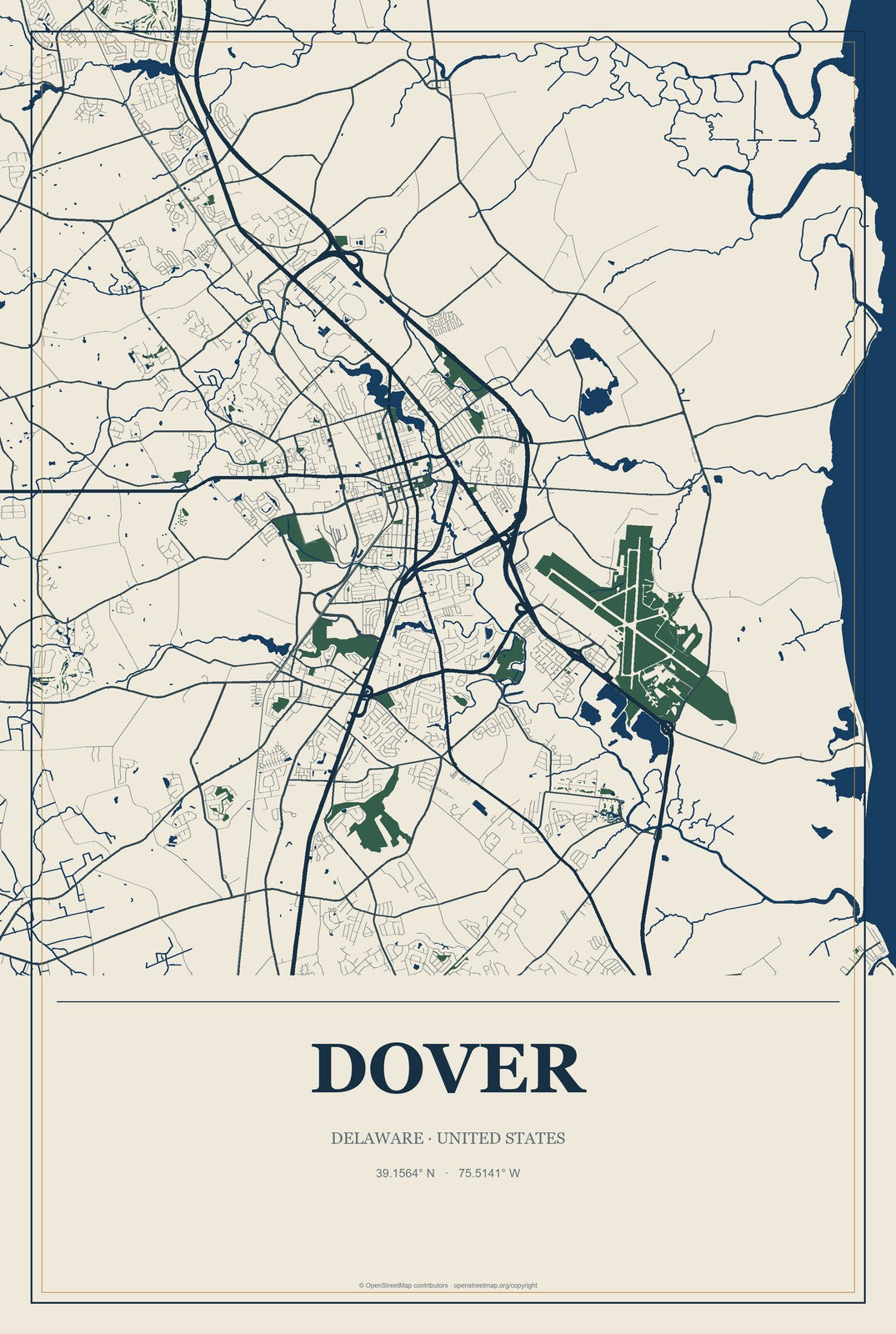Dover, Delaware City Map Aluminum Sign in Coastal Cutout style