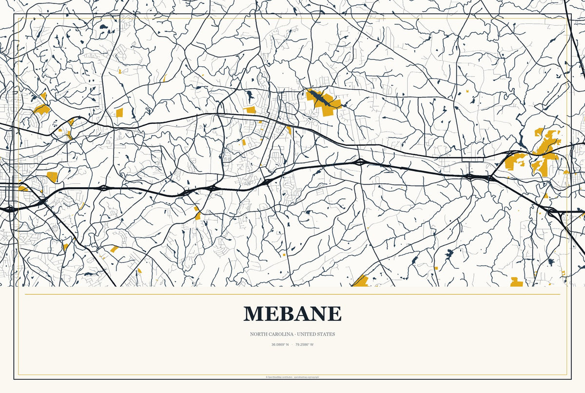 Mebane, North Carolina City Map Aluminum Sign in Citrine Modern style
