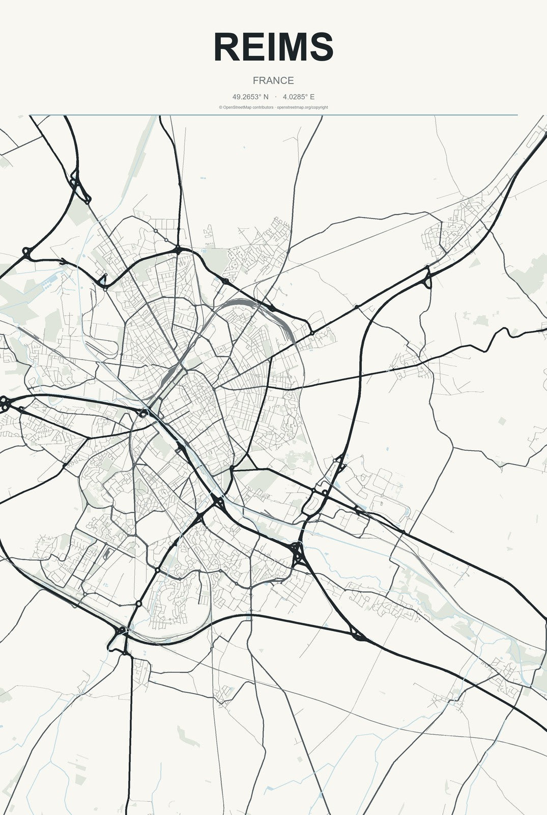 Reims, France City Map Aluminum Sign in Headline Atlas style