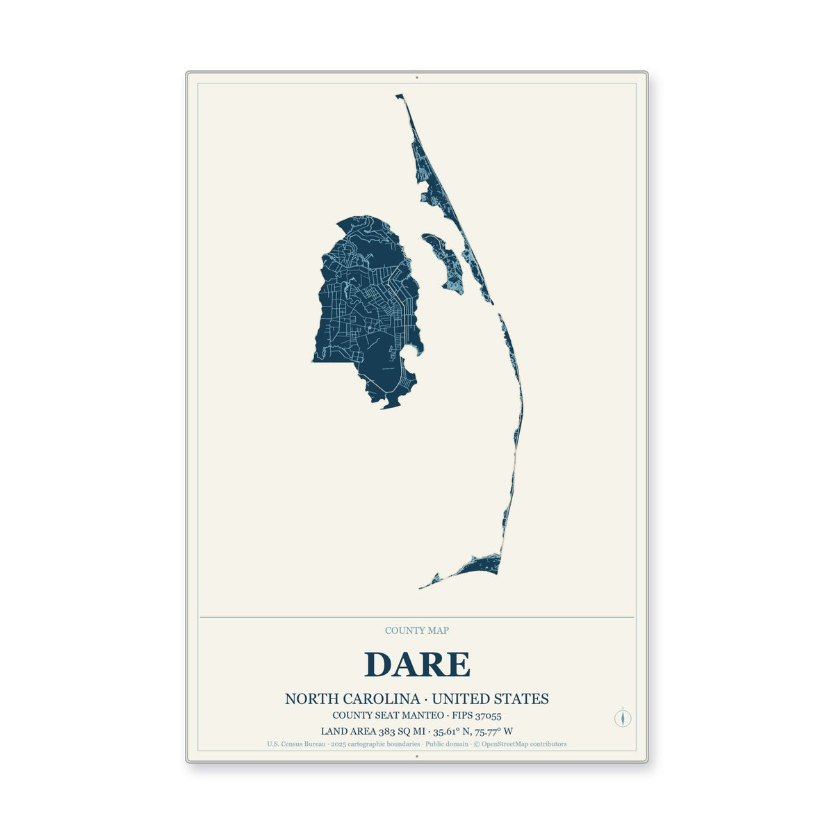 Dare County, North Carolina Map Aluminum Sign in Coastal Cutout style