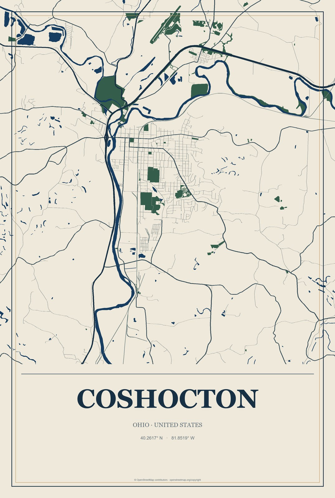 Coshocton, Ohio City Map Aluminum Sign in Coastal Cutout style