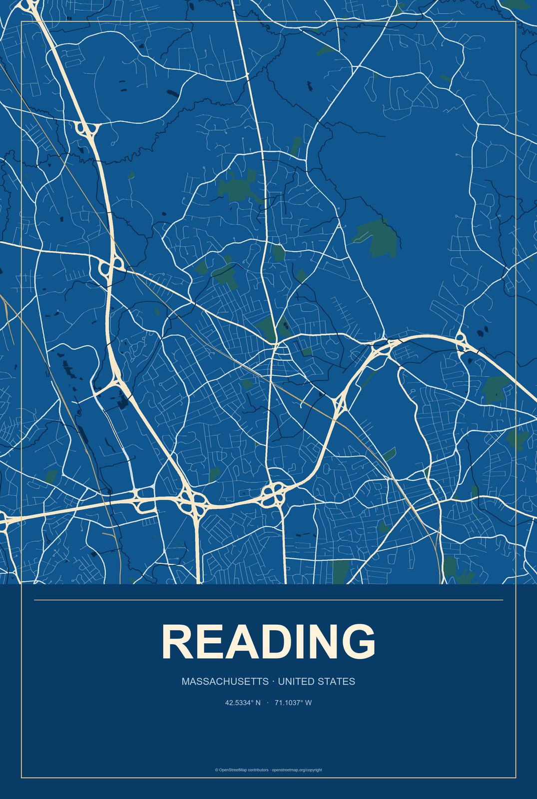 Reading, Massachusetts City Map Aluminum Sign in Harbor Cobalt style