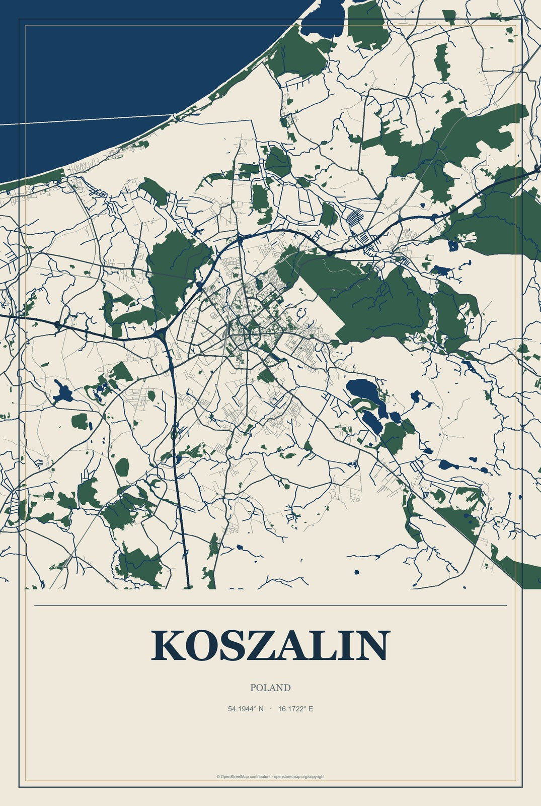 Koszalin, Poland City Map Aluminum Sign in Coastal Cutout style