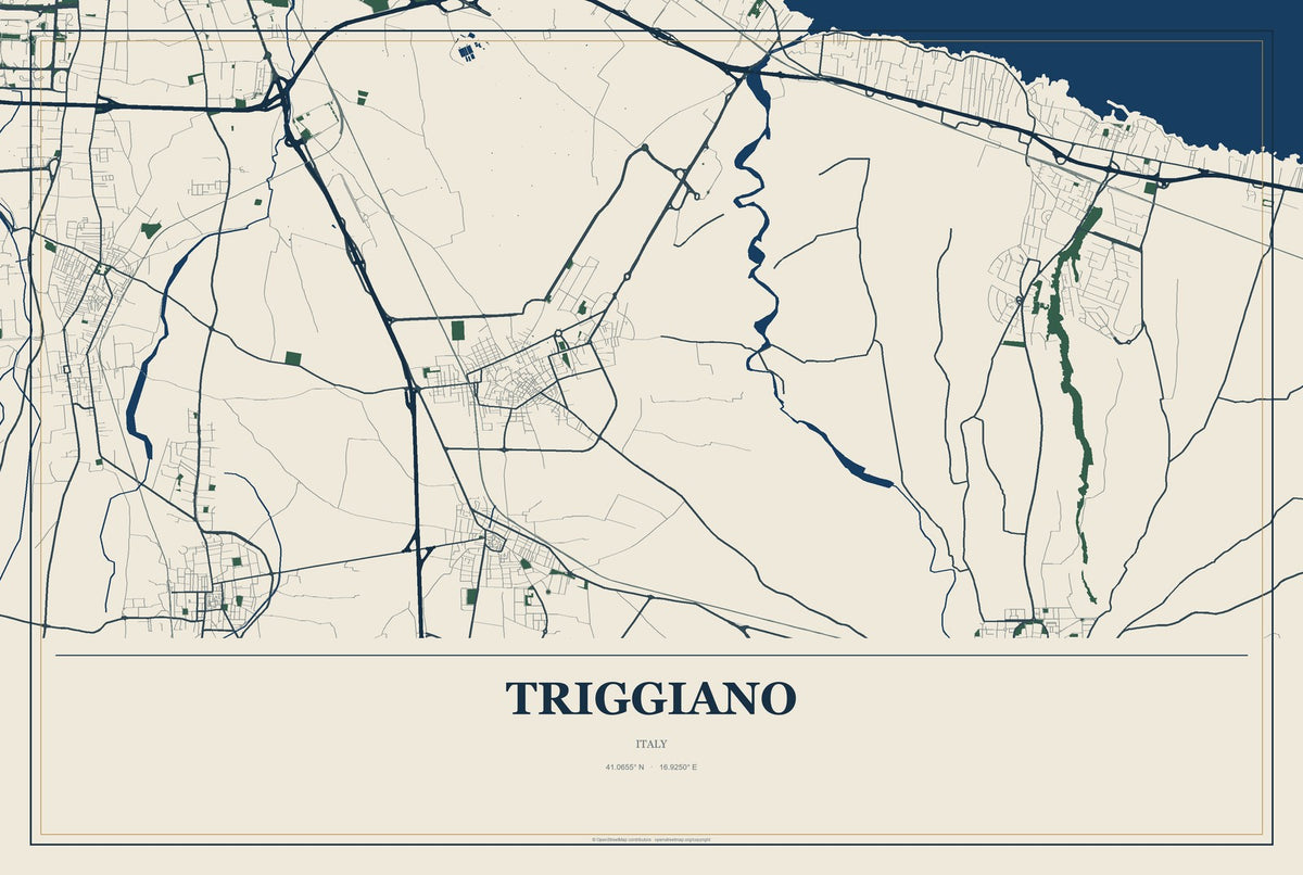 Triggiano, Italy City Map Aluminum Sign in Coastal Cutout style