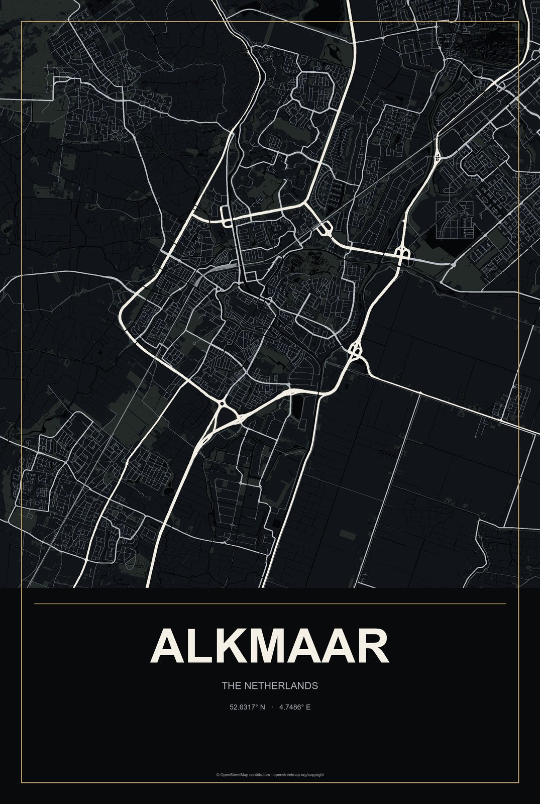Alkmaar, The Netherlands City Map Aluminum Sign in Metropolitan Noir style