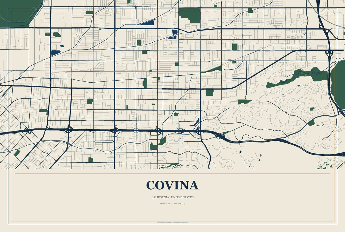 Covina, California City Map Aluminum Sign in Coastal Cutout style