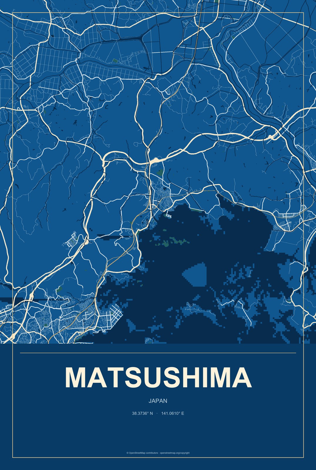 Matsushima, Japan City Map Aluminum Sign in Harbor Cobalt style