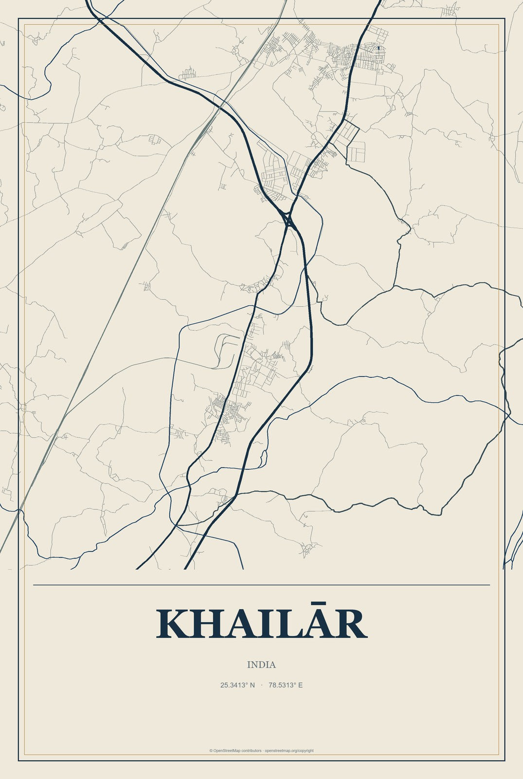Khailār, India City Map Aluminum Sign in Coastal Cutout style
