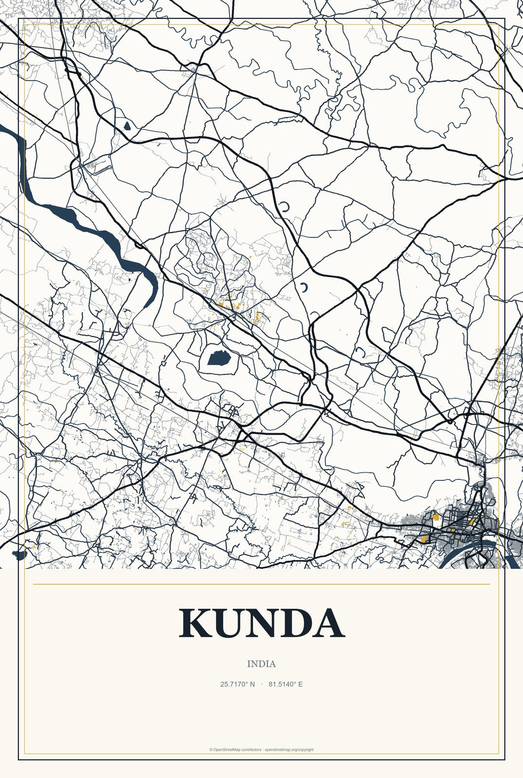 Kunda, India City Map Aluminum Sign in Citrine Modern style