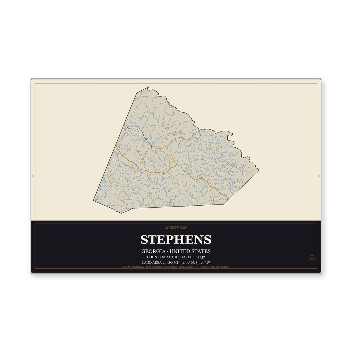 Stephens County, Georgia Map Aluminum Sign in Museum Plaque style