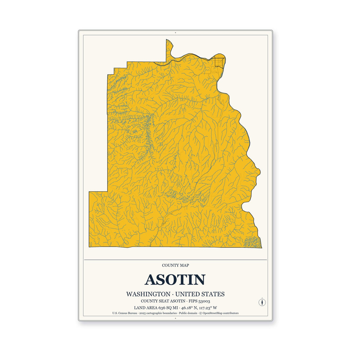 Asotin County, Washington Map Aluminum Sign in Citrine Modern style