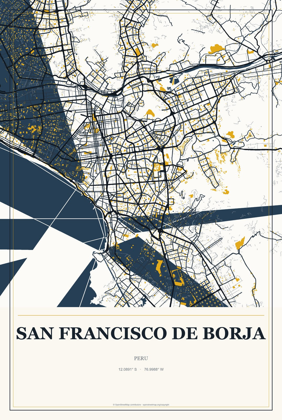 San Francisco De Borja, Peru City Map Aluminum Sign in Citrine Modern style